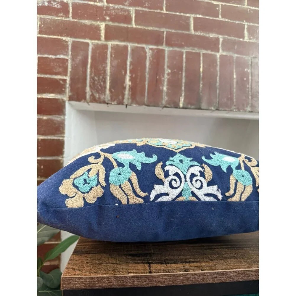 Blue floral embroidered, throw pillow